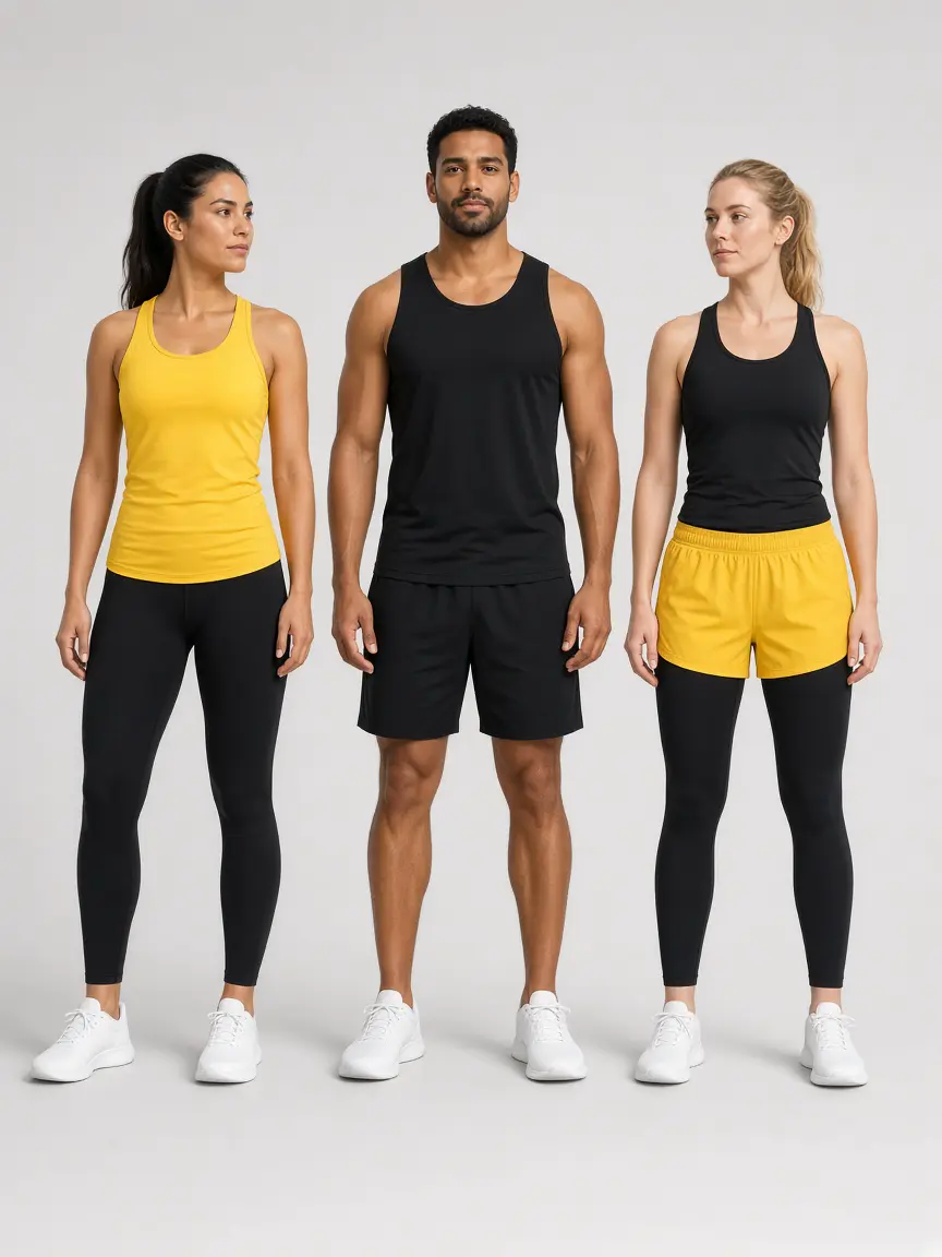 Three athletes in yellow and black training kits