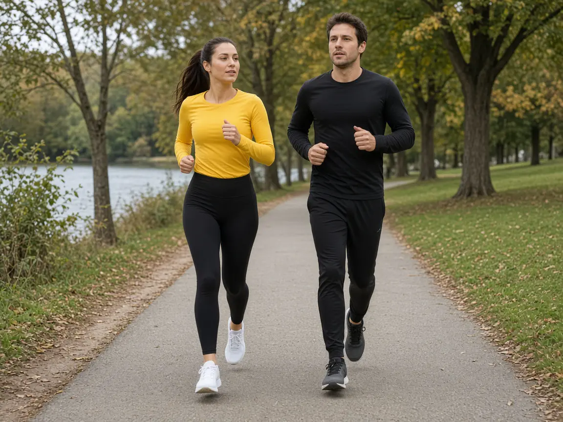 Two athletes jogging side by side, one in yellow and one in black