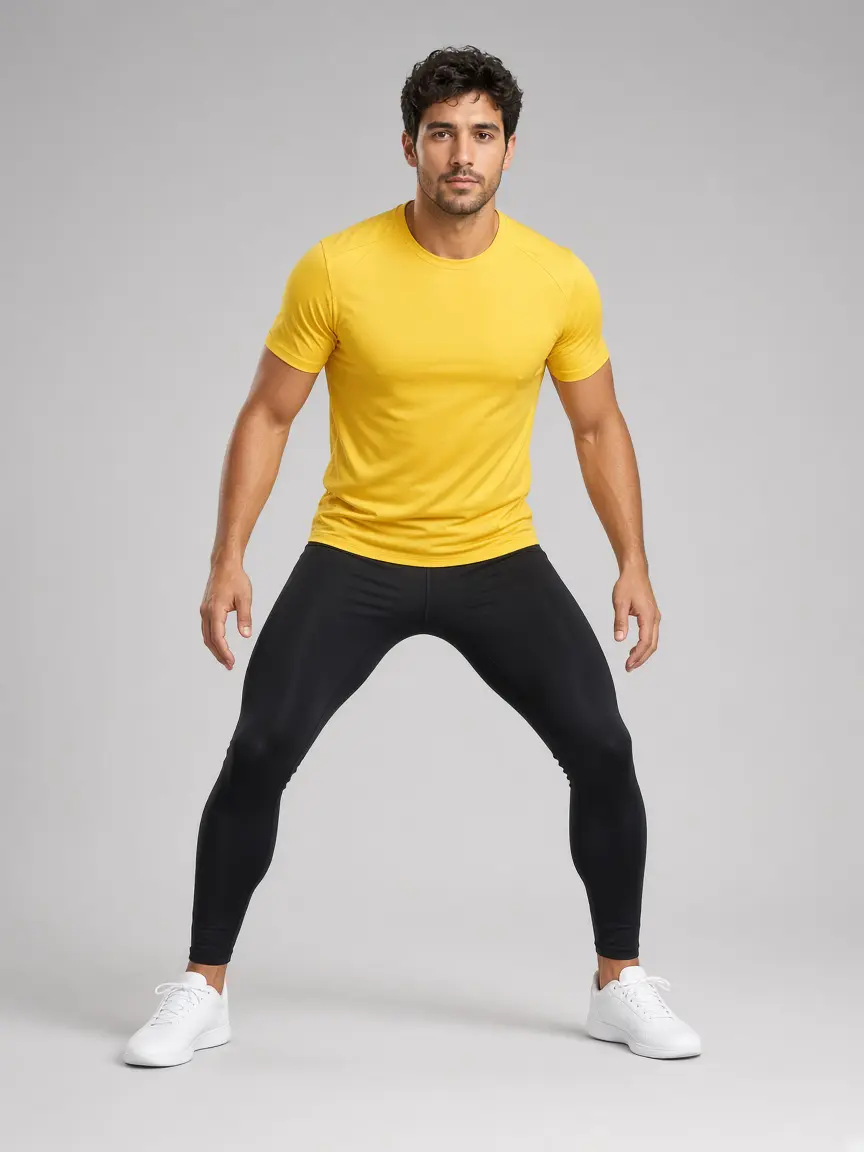 Yellow training tee and black tights