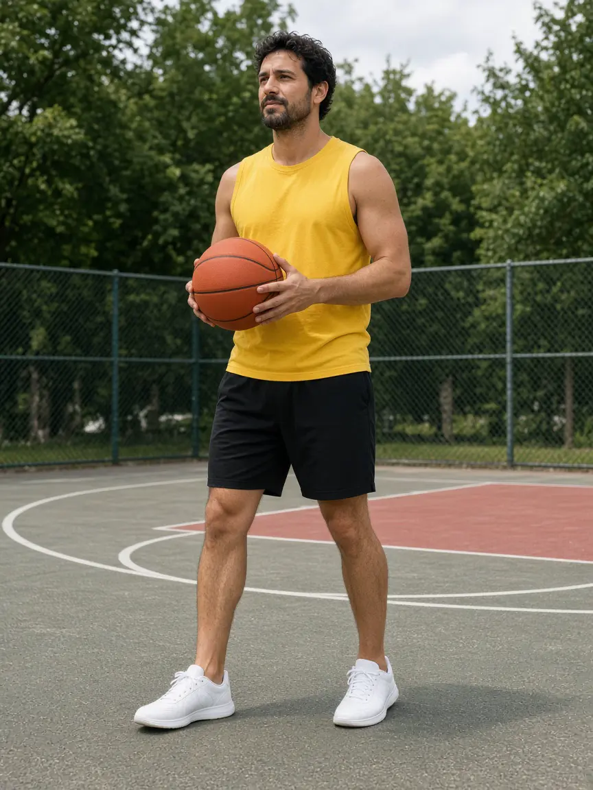 Athlete in a yellow sleeveless top and black shorts on an outdoor court