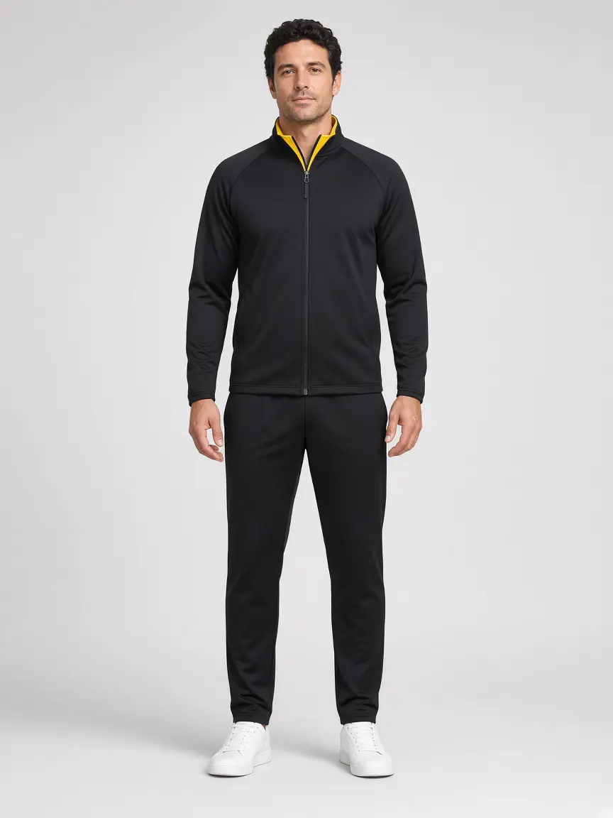 Black track jacket with a yellow collar