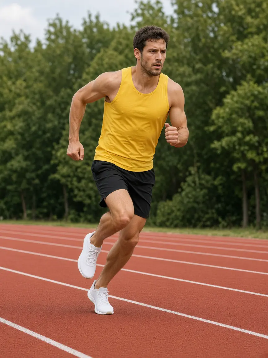 Sprinter in a yellow singlet and black shorts